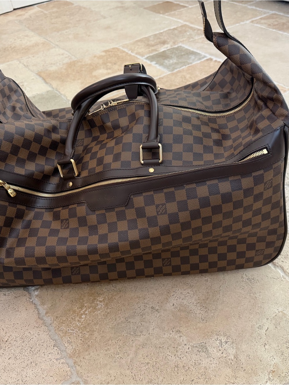 Louis Vuitton Brown Checkered Rolling Duffel Bag with Gold Hardware